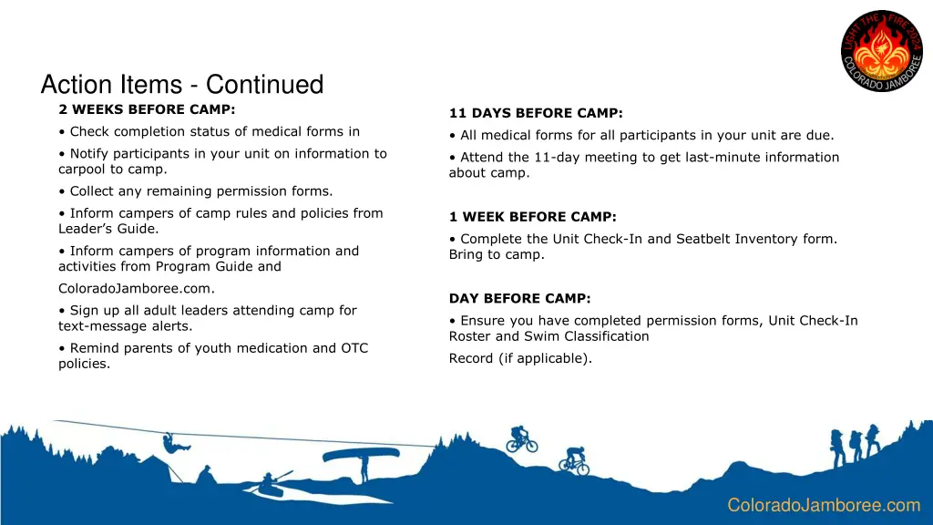 action items continued 2 weeks before camp check