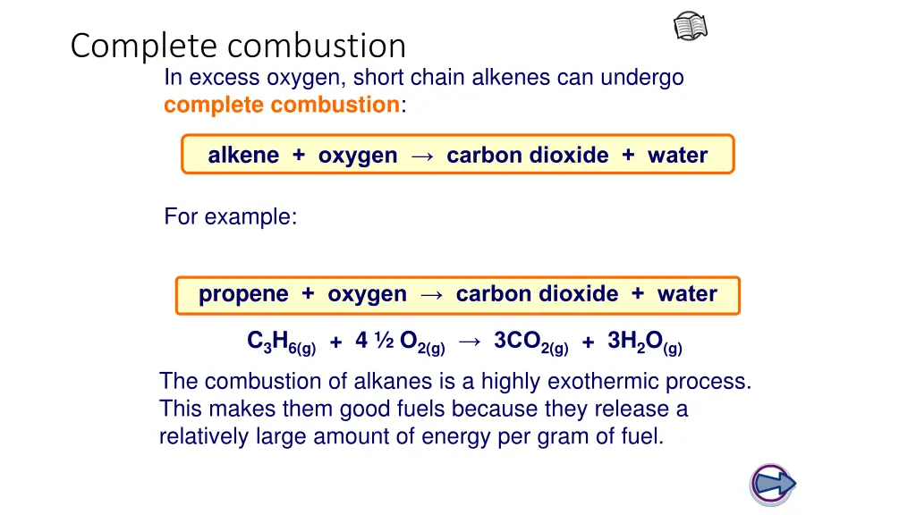 complete combustion in excess oxygen short chain 1