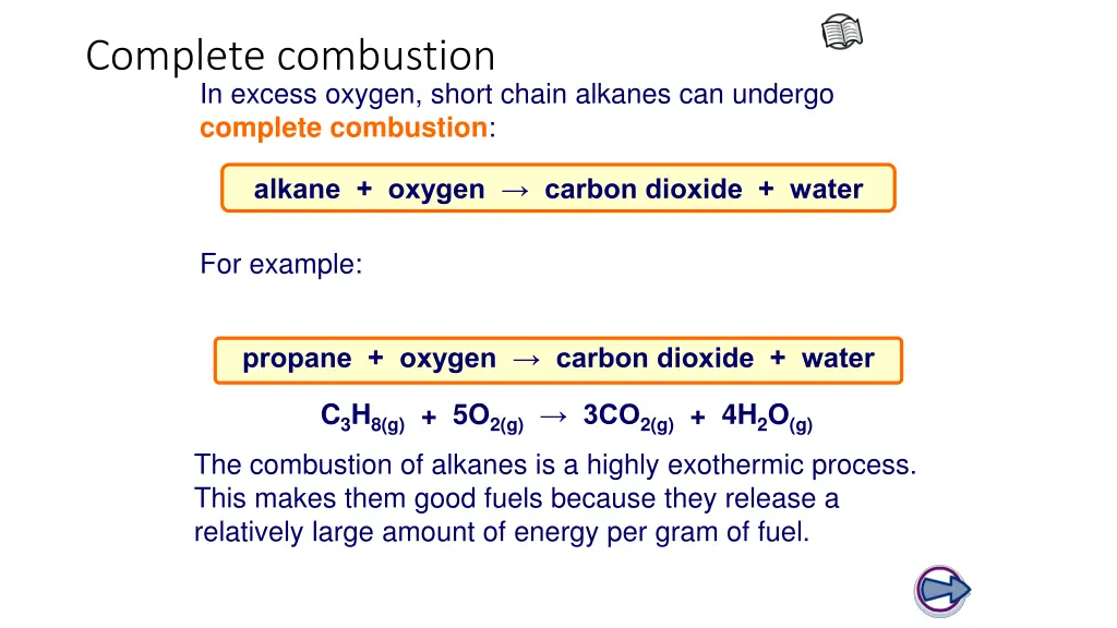 complete combustion in excess oxygen short chain