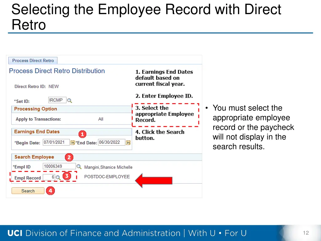 selecting the employee record with direct retro
