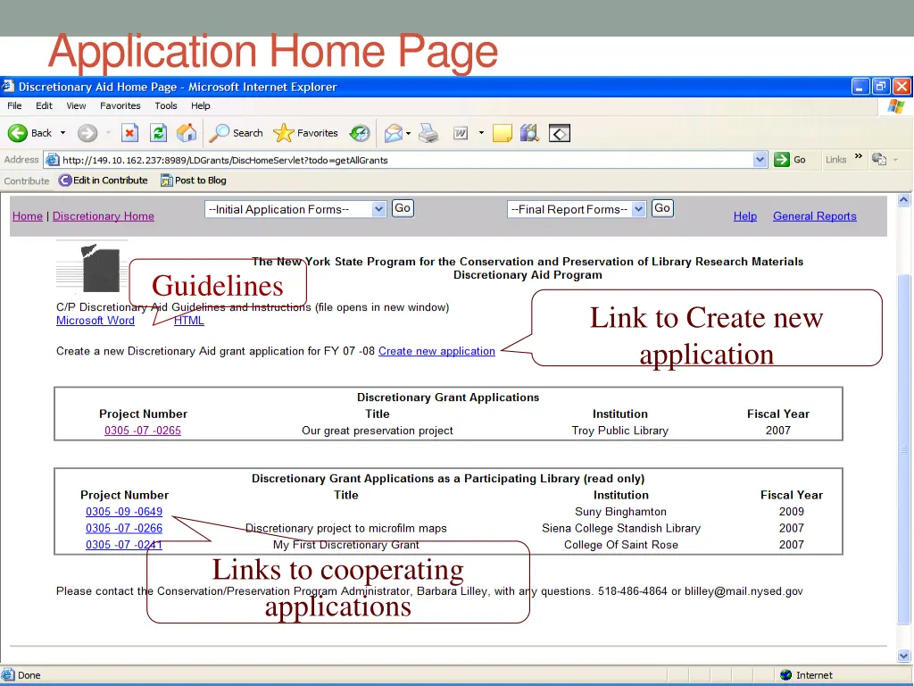 application home page