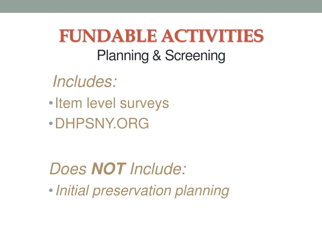 fundable activities planning screening
