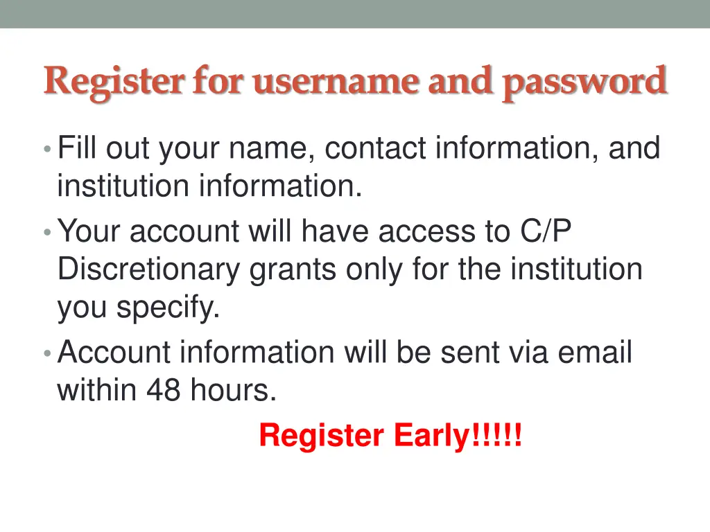 register for username and password