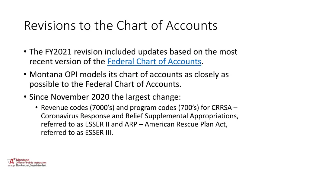 revisions to the chart of accounts