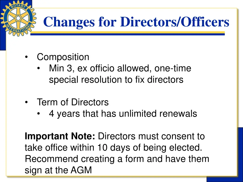 changes for directors officers