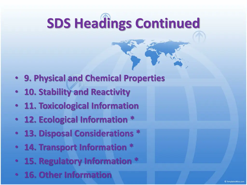 sds headings continued