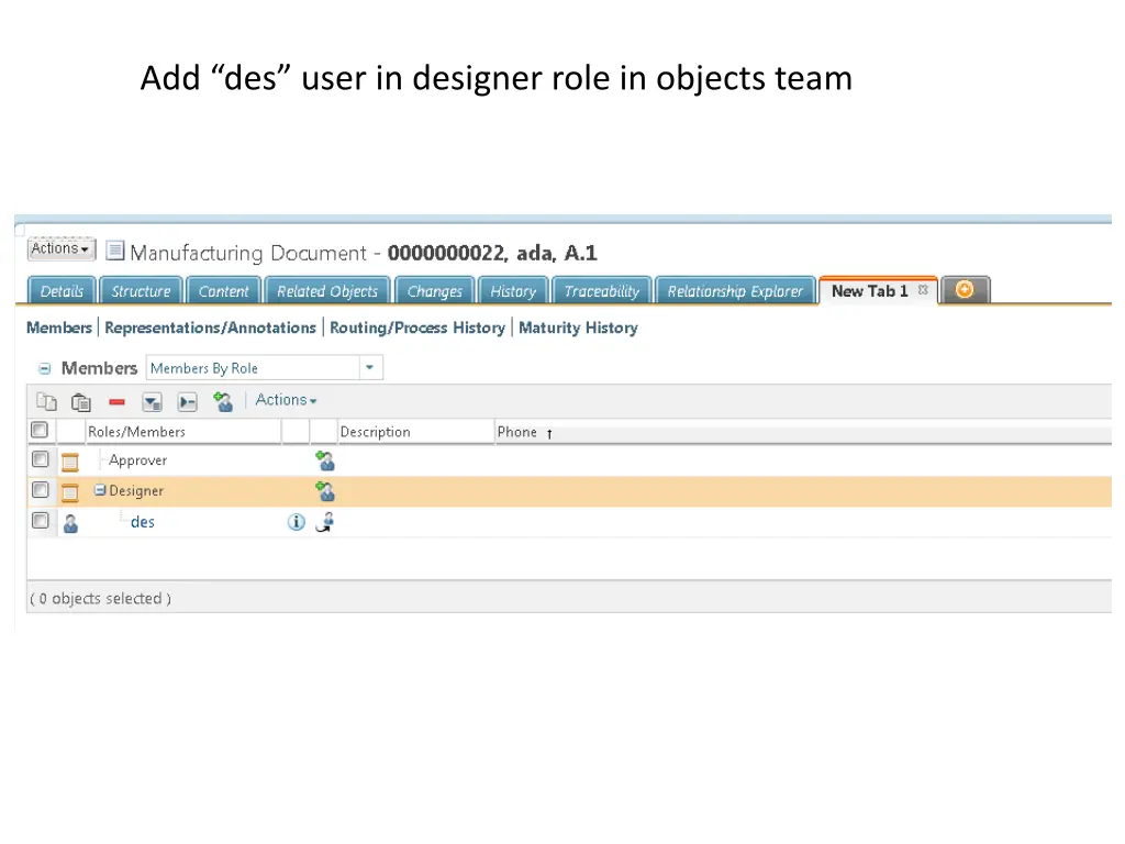 add des user in designer role in objects team