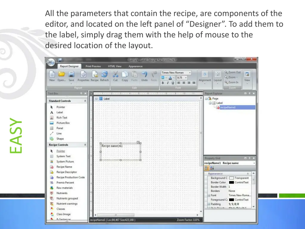 all the parameters that contain the recipe