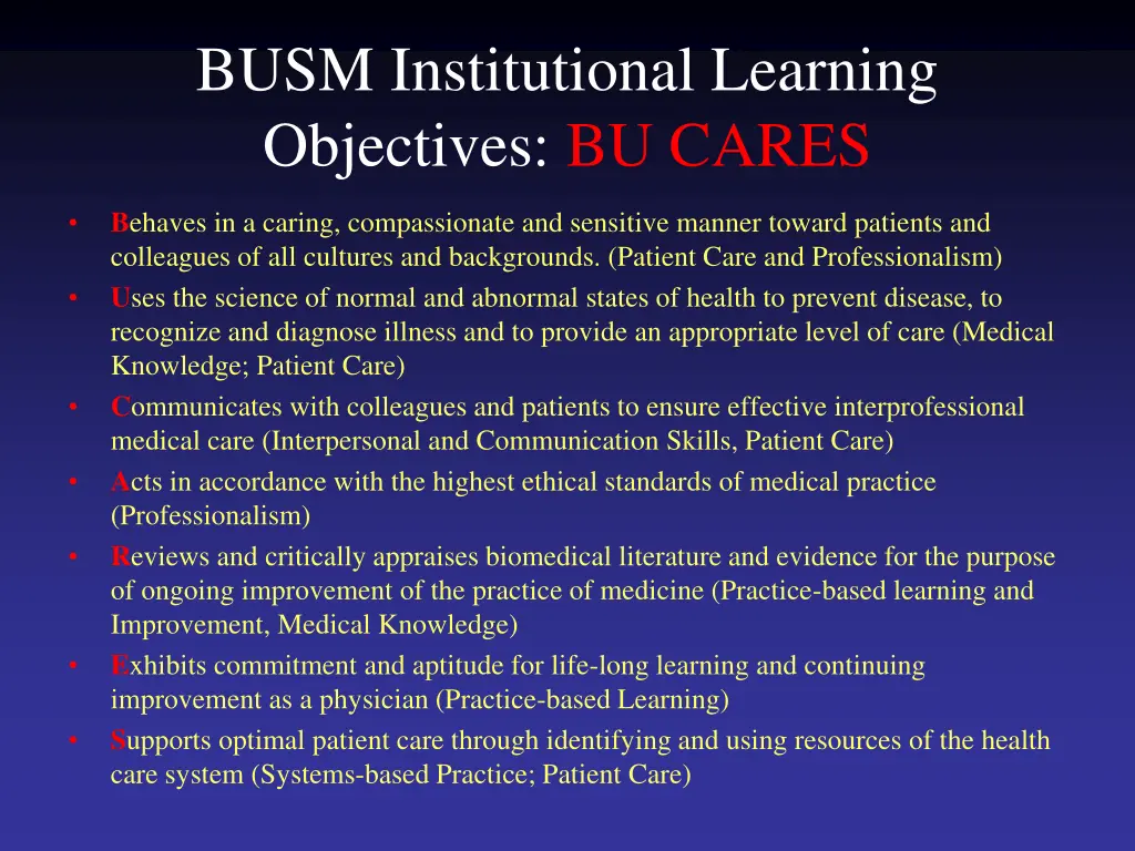 busm institutional learning objectives bu cares