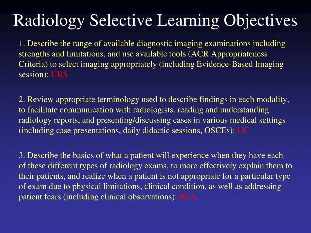radiology selective learning objectives