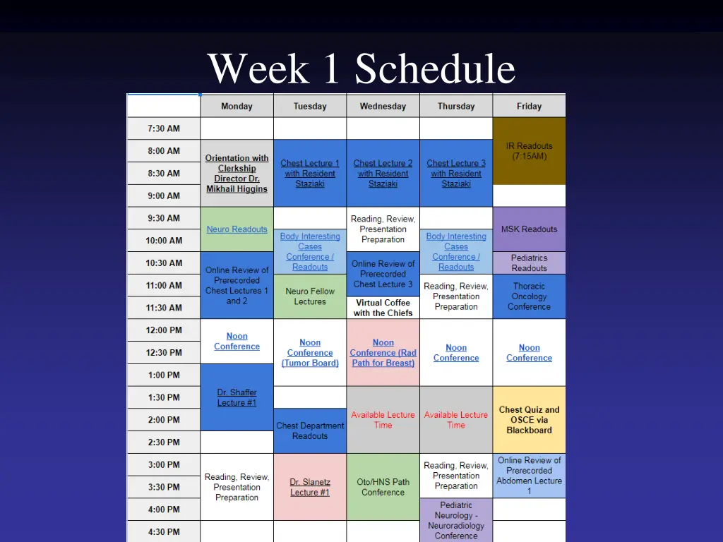 week 1 schedule