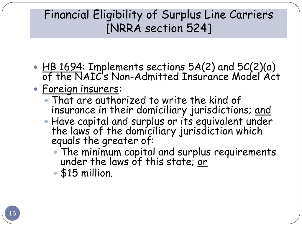 financial eligibility of surplus line carriers