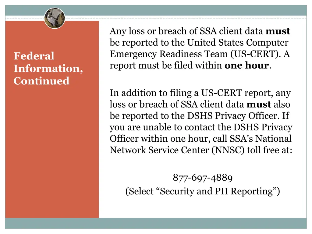 any loss or breach of ssa client data must
