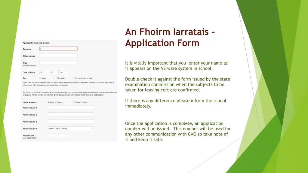 an fhoirm iarratais application form