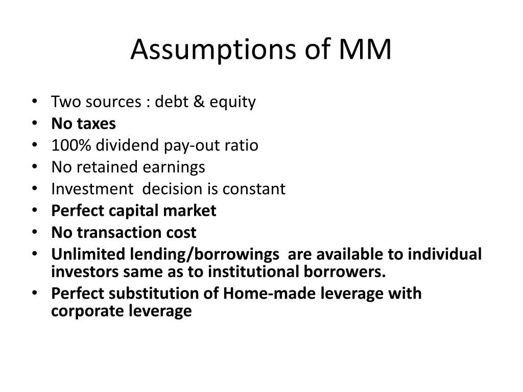 assumptions of mm
