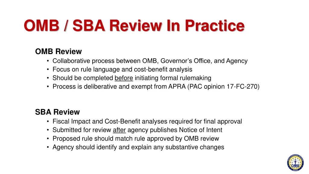 omb sba review in practice