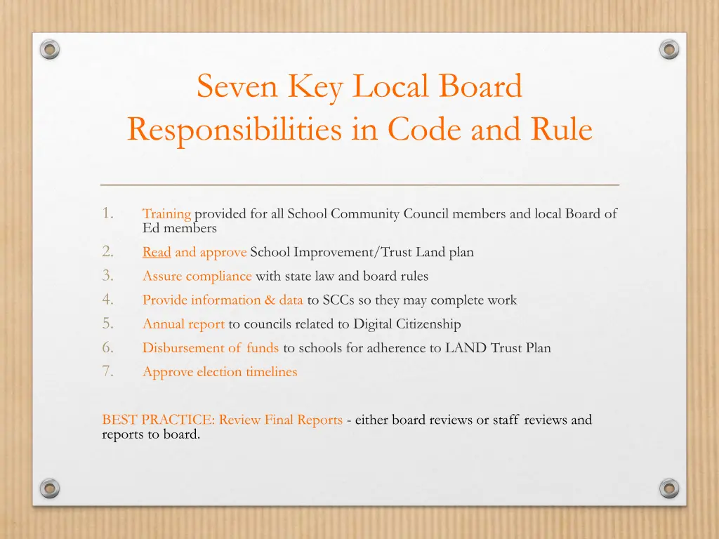 seven key local board responsibilities in code