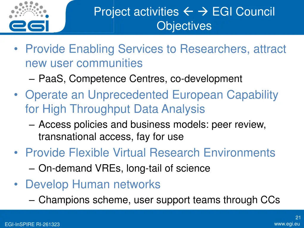 project activities egi council objectives