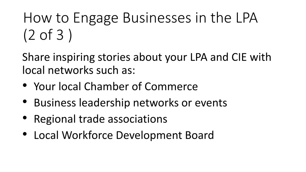 how to engage businesses in the lpa 2 of 3