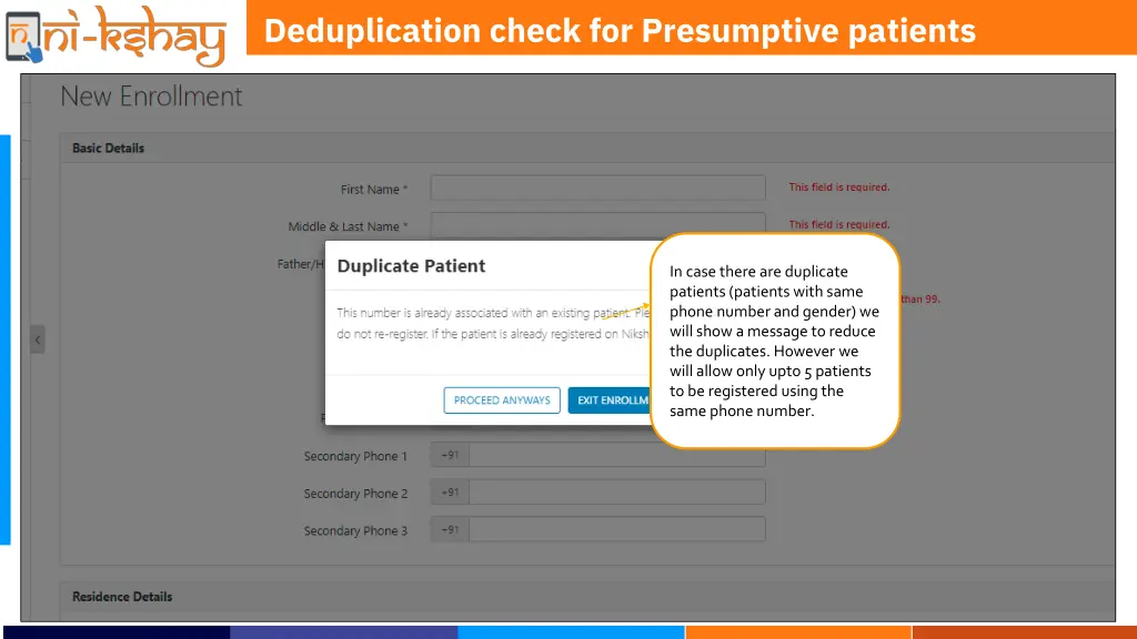 deduplication check for presumptive patients