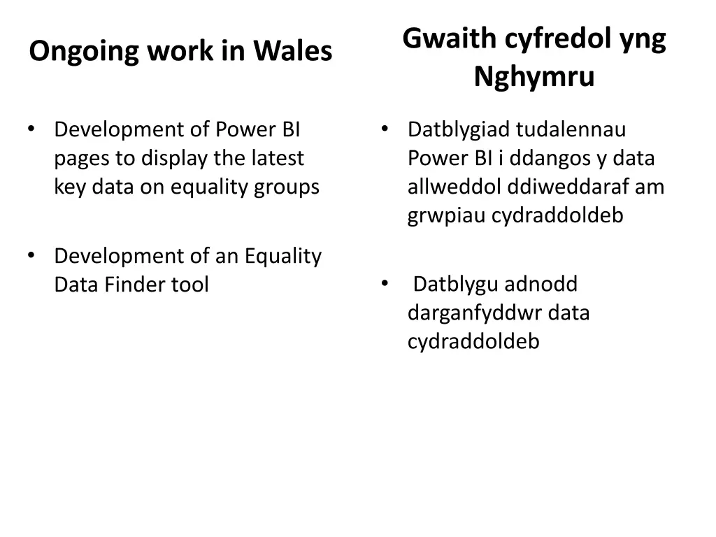 gwaith cyfredol yng nghymru