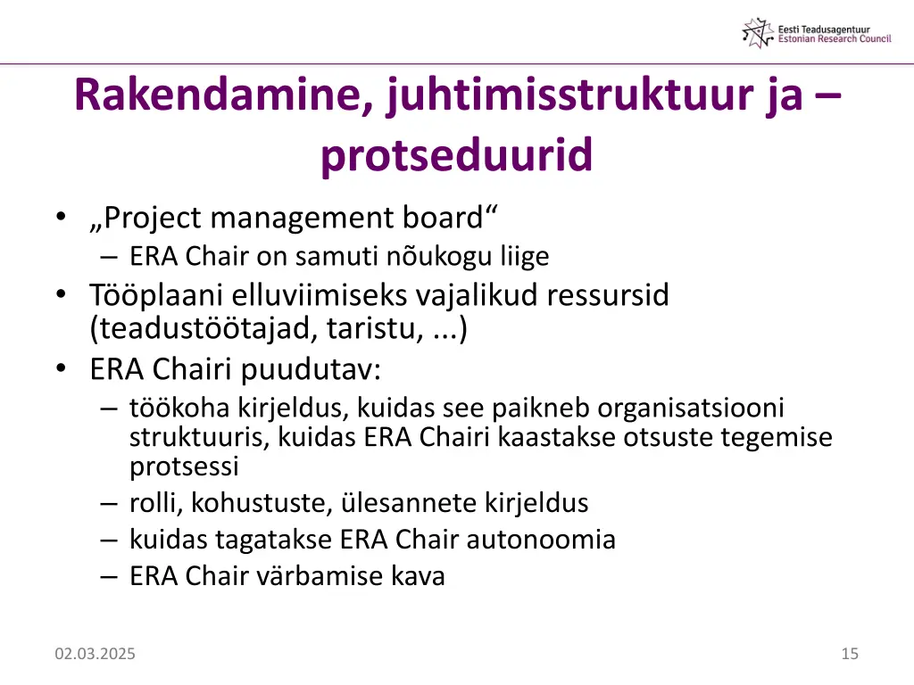 rakendamine juhtimisstruktuur ja protseduurid
