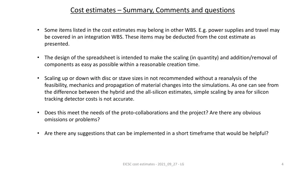 cost estimates summary comments and questions
