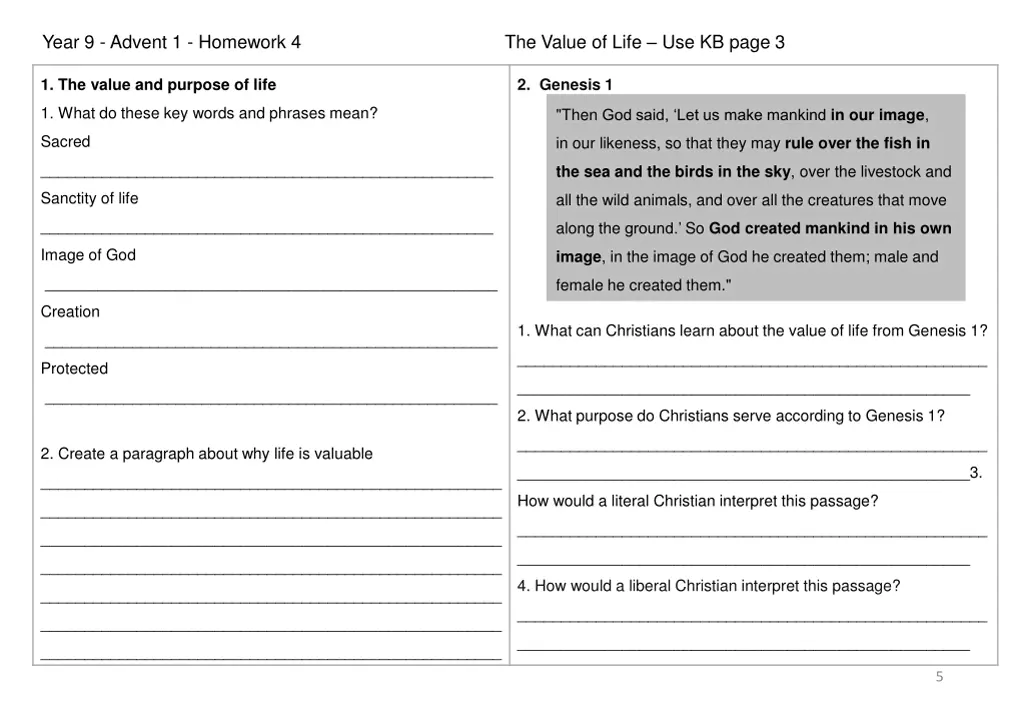 year 9 advent 1 homework 4 the value of life