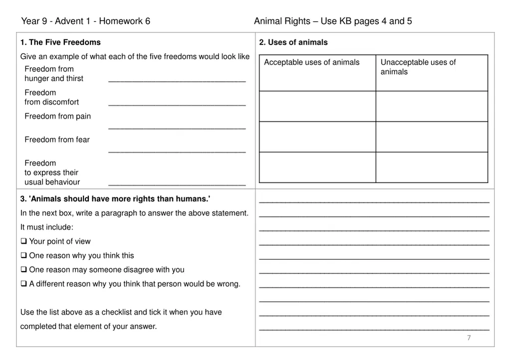 year 9 advent 1 homework 6 animal rights