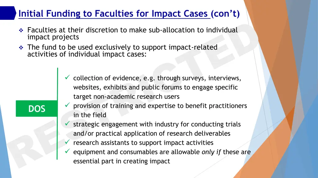 initial funding to faculties for impact cases 3