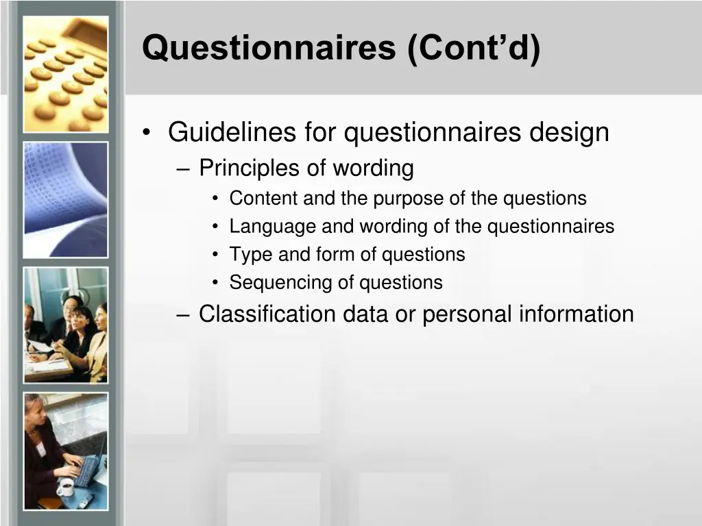 questionnaires cont d