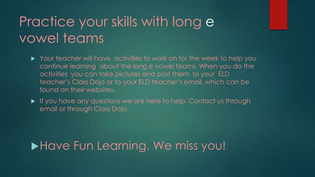 practice your skills with long e vowel teams