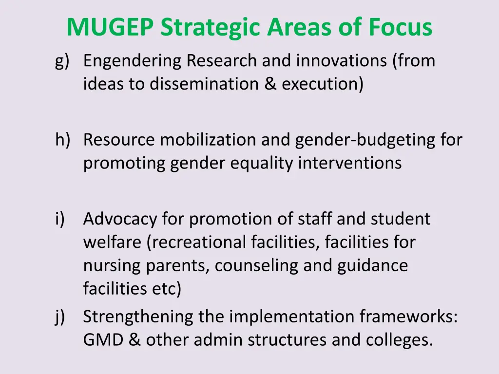 mugep strategic areas of focus g engendering