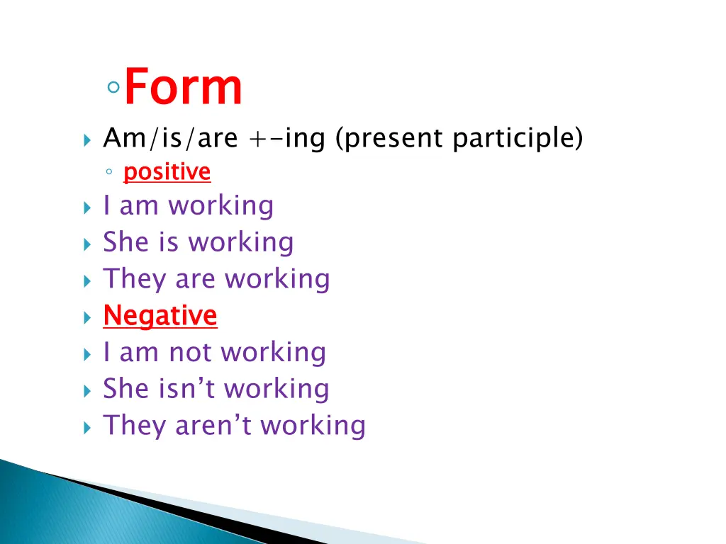 form am is are ing present participle positive