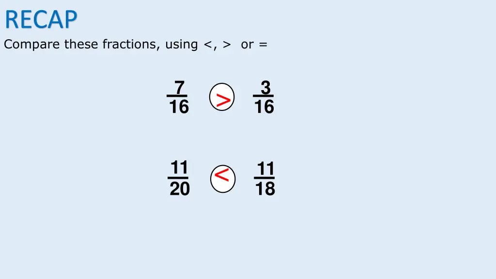 recap compare these fractions using or