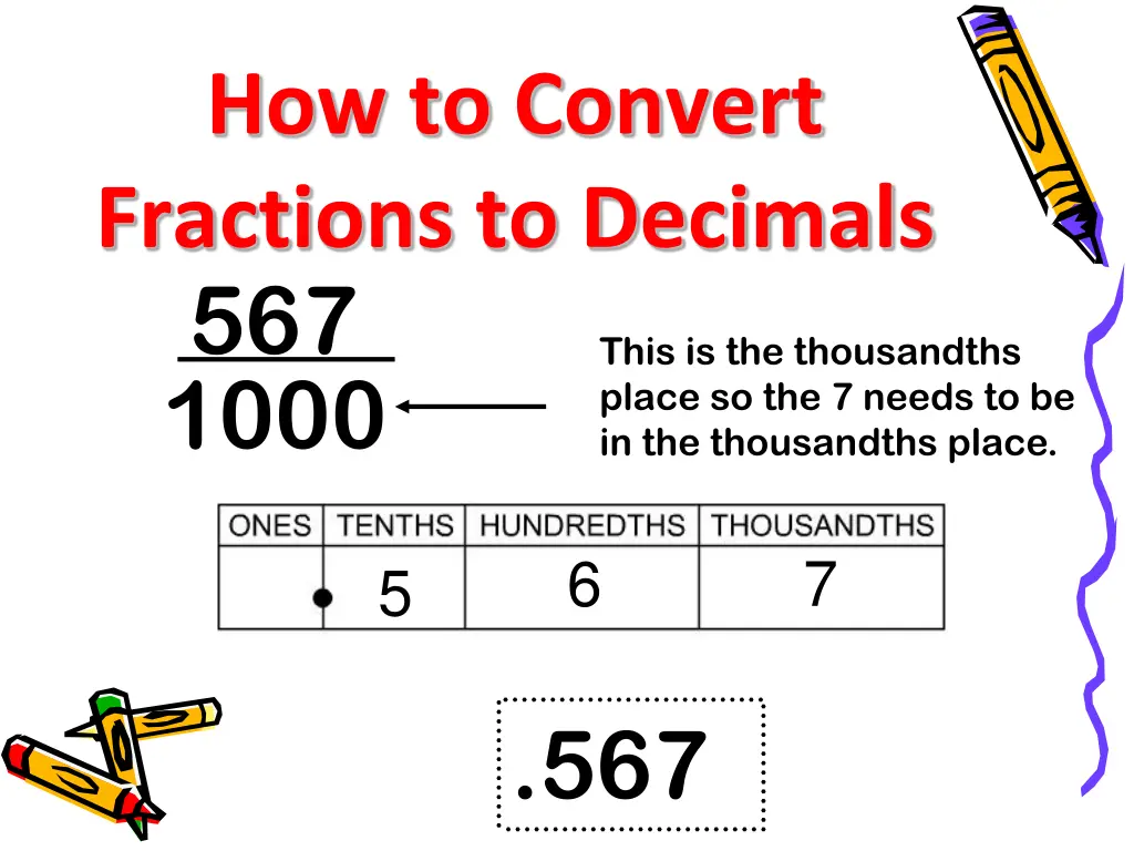 how to convert fractions to decimals 567
