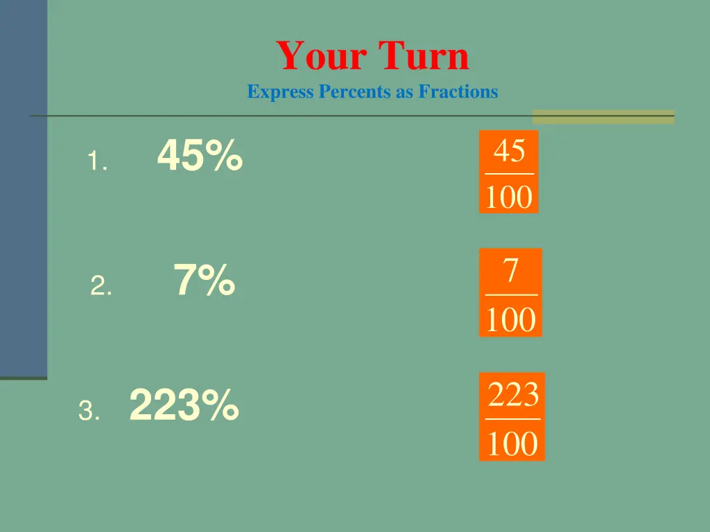 your turn express percents as fractions