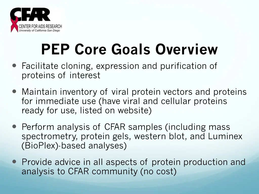 pep core goals overview facilitate cloning