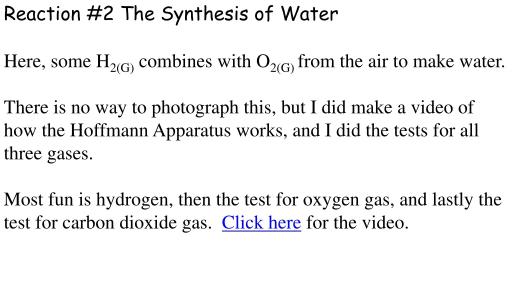 reaction 2 the synthesis of water