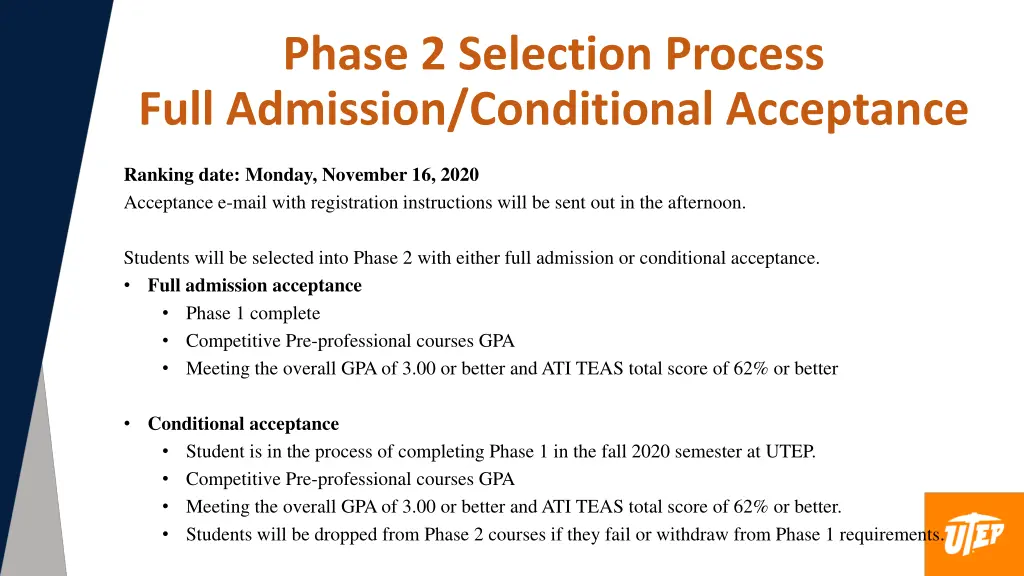 phase 2 selection process full admission