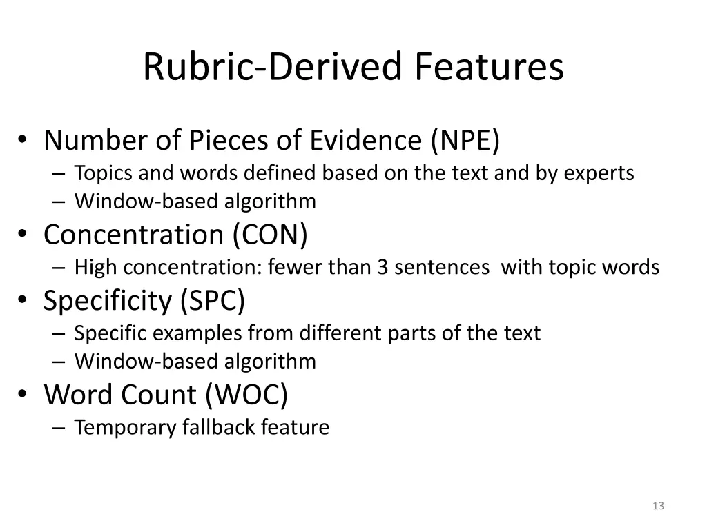 rubric derived features