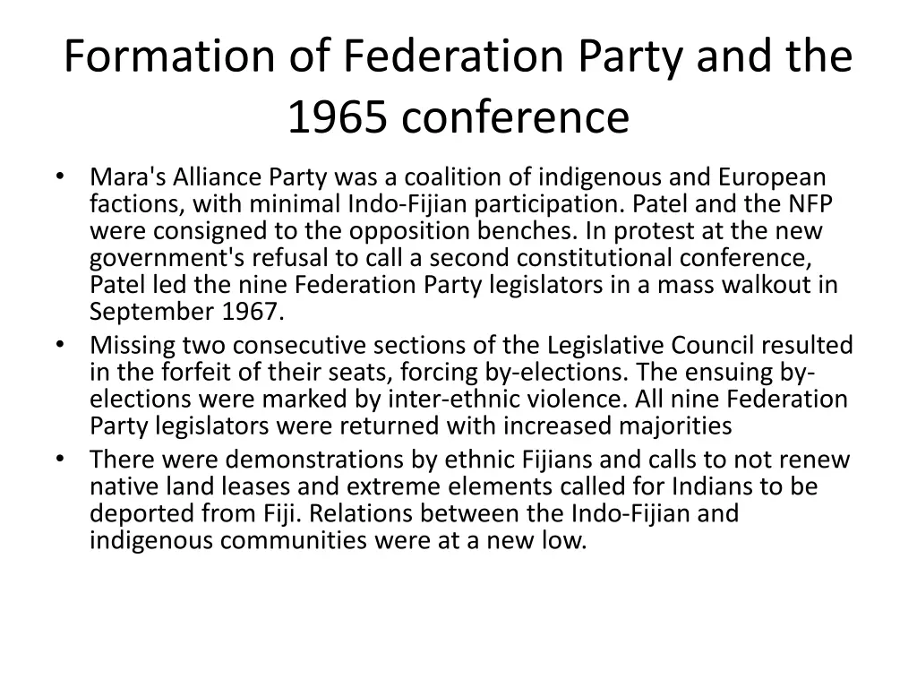 formation of federation party and the 1965 1