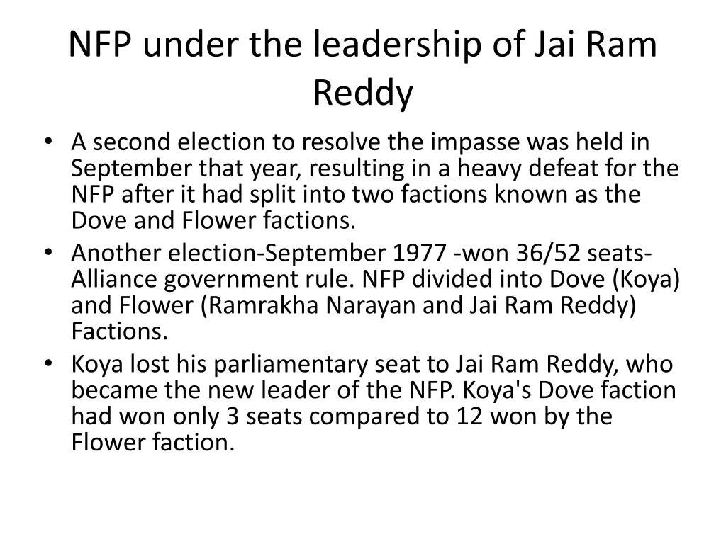 nfp under the leadership of jai ram reddy