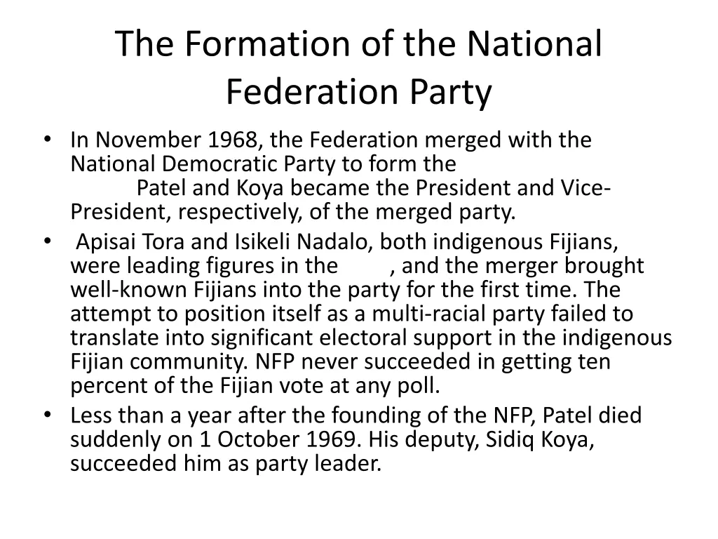 the formation of the national federation party