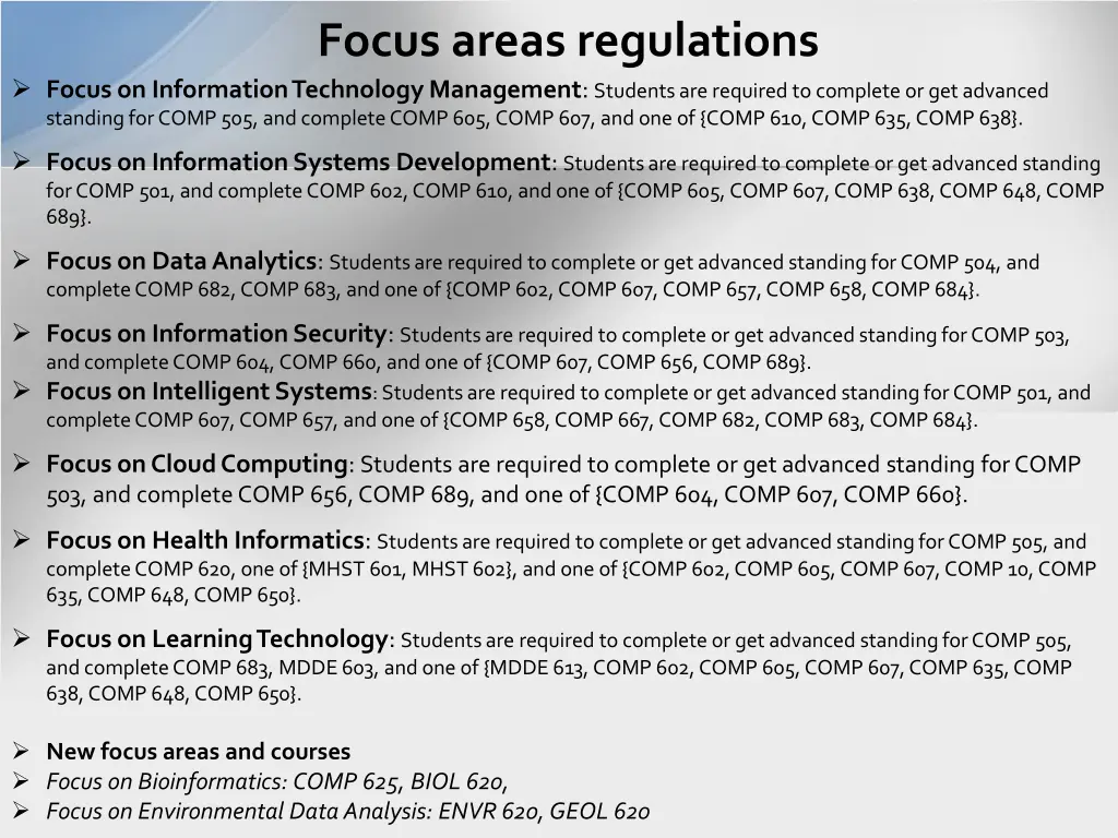 focus areas regulations