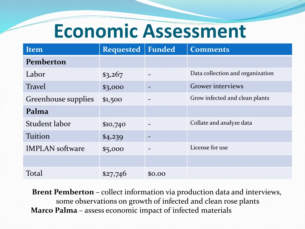 economic assessment requested funded