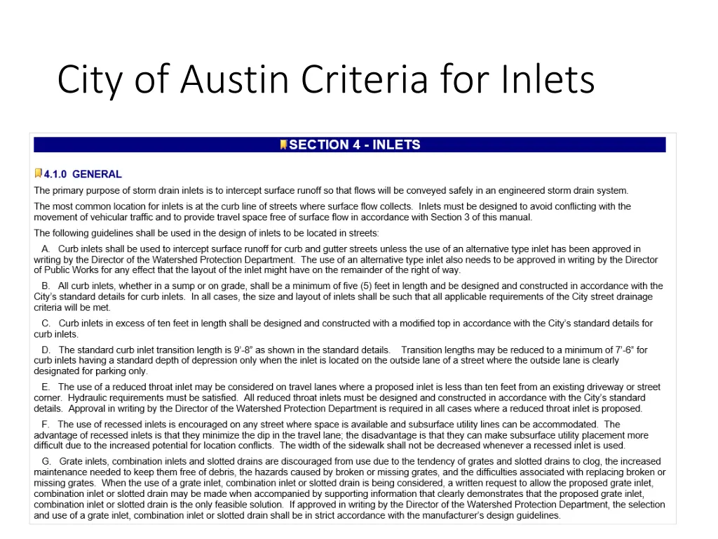city of austin criteria for inlets
