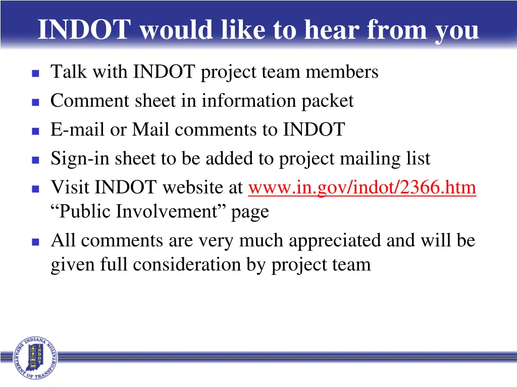 indot would like to hear from you
