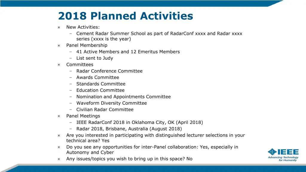 2018 planned activities