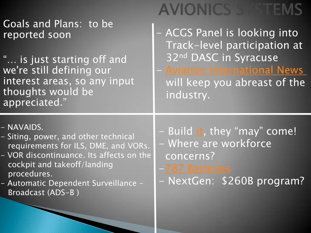 avionics systems acgs panel is looking into track